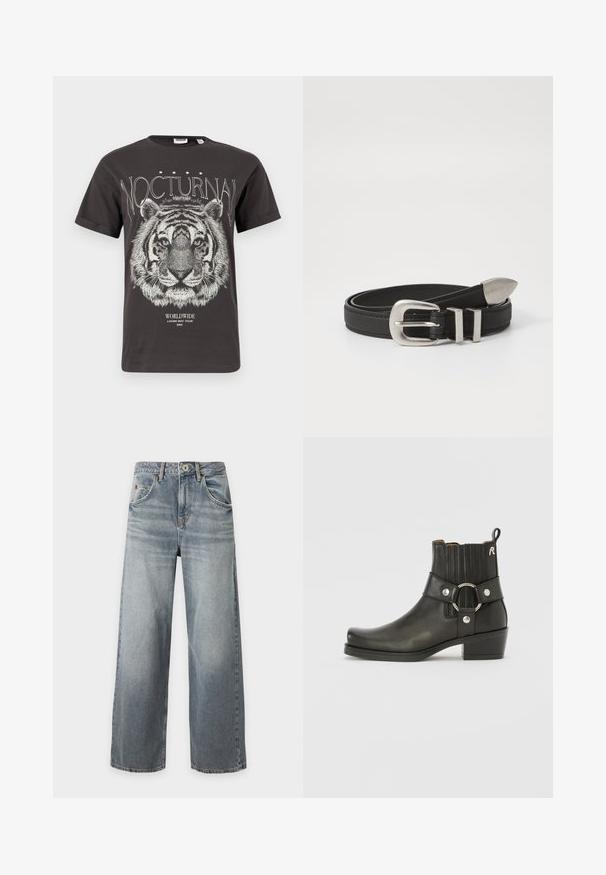 Camiseta negra con una ilustración detallada de la cara de un tigre blanco, la palabra "NOCTURNAL" arriba y "WORLDWIDE LOVER BOY TOUR 2002" debajo.; Vaqueros azul claro de pierna ancha con lavado desgastado, cierre frontal de botón y cremallera, bolsillos delanteros y traseros y trabillas para cinturón, dispuestos planos sobre un fondo blanco.; Botín de cuero negro con puntera redondeada, lados elásticos acanalados, un detalle en forma de anillo metálico y un tacón bajo cuadrado.; Cinturón de cuero negro con hebilla de metal plateado y acentos de doble lazo, que presenta un acabado texturizado y un extremo cónico para un ajuste seguro.