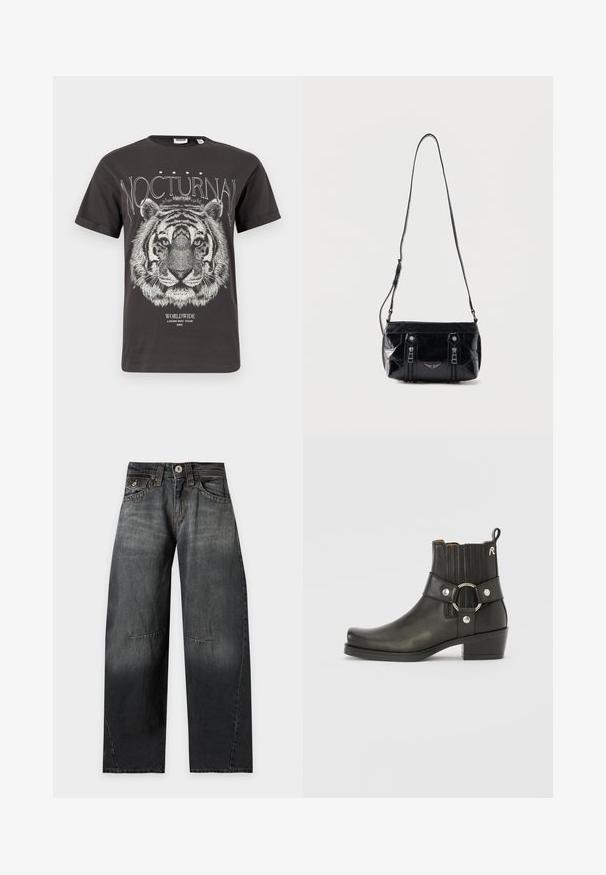 Zwart T-shirt met een gedetailleerde illustratie van een witte tijgerskop, het woord "NOCTURNAL" erboven en "WORLDWIDE LOVER BOY TOUR 2002" eronder.; Zwarte jeans met wijde pijpen, knoopsluiting, voor- en achterzakken en zichtbare naaddetails op de benen.; Zwarte leren enkelboot met een ronde neus, ribbelige elastische zijkanten, een metallic ringaccent en een lage blokhak.; Zwarte leren schoudertas met verstelbare riem, twee verticale ritsen aan de voorkant en een klein metalen vleugelembleem onder de ritsen.