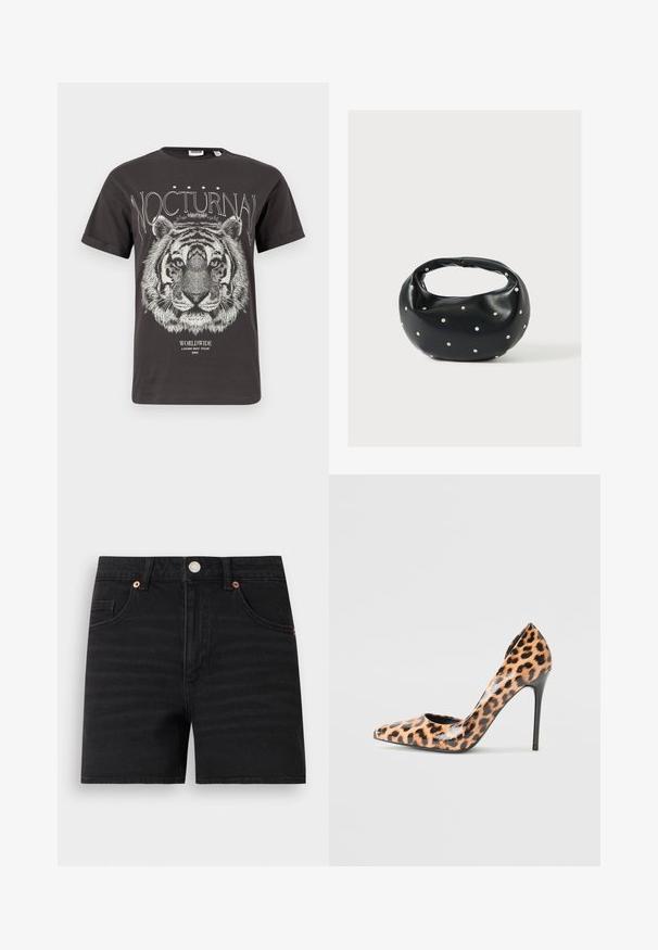 Camiseta negra con una ilustración detallada de la cara de un tigre blanco, la palabra "NOCTURNAL" arriba y "WORLDWIDE LOVER BOY TOUR 2002" debajo.; Pantalones cortos de denim negro con cierre de botones en la parte delantera, trabillas para cinturón, dos bolsillos delanteros y un pequeño bolsillo para monedas, mostrados planos sobre un fondo blanco.; Zapato de tacón alto con estampado de leopardo, punta afilada, acabado brillante y tacón de aguja. Presenta una textura suave y un diseño de espalda abierta.; Bolso de mano de cuero negro con forma redondeada, decorado con detalles de tachuelas plateadas y un asa corta. Textura lisa y cierre con cremallera.