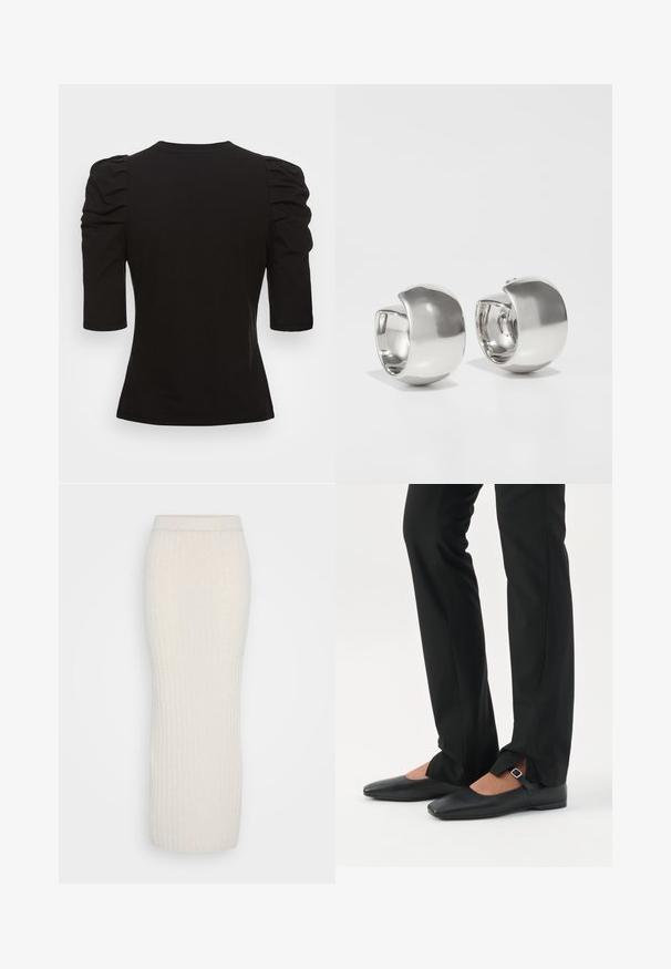 Vero Moda Tall VMEGAMAXI - T-shirts basic - black; ONLY Tall ONLJEANETT LIFE LONG SKIRT - Maxinederdele - birch melange; Ben iført sorte smalle bukser med forreste slidser ved kanten, parret med sorte flade Mary Jane-sko med lille spænde.; Uncommon Matters SCULPTURAL LARGE CREOLE - Øreringe - silver-coloured