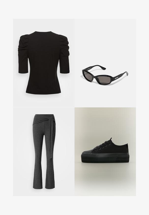 Vero Moda Tall VMEGAMAXI - T-shirts basic - black; Grå flare bukser lavet af blødt stof med en bred, snoet taljebånd og et langt, draperet bånddetalje foran.; Sort platform sneakers med tyk ribbet sål, snørelukning foran og trækflapper på tunge og hæl, vist fra siden på neutral baggrund.; Sorte solbriller med rektangulært stel, mørke linser, glat plastmateriale og en metalaccent på templet.