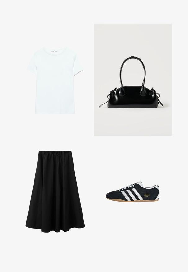 T-shirt blanc uni en coton à manches courtes, col rond, présenté à plat sur un fond blanc, sans motifs ni logos visibles.; Jupe midi noire avec taille élastique et légère évasement, en tissu lisse adaptée pour un usage décontracté ou formel.; Sneakers en suede noir avec trois bandes blanches, logo doré et semelle en caoutchouc marron. Présente un design à lacets à profil bas.; Petit sac à main noir brillant avec deux longues anses et des détails à cordon sur les côtés sur un fond clair uni.