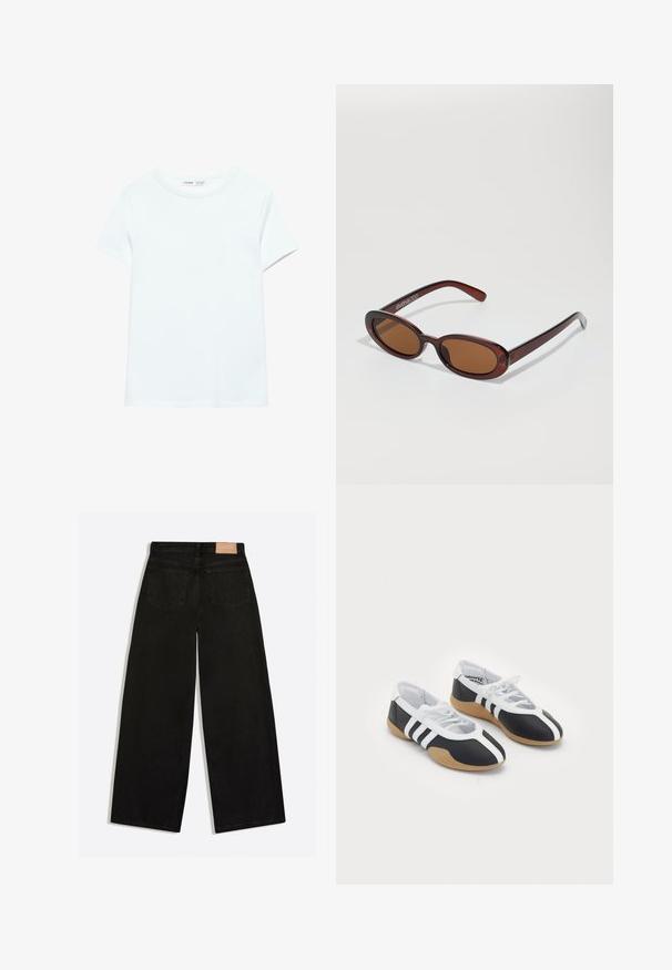 Ensfarvet hvid kortærmet bomuldst-shirt med rund hals, vist fladt på hvid baggrund, uden synlige mønstre eller logoer.; Sorte vidde jeans set bagfra med to baglommer og en brun lædermærke på linningen.; Sort-hvide sportsko med et slankt design, gummisål, snørebåndslukning og tre hvide striber på siden.; Runde, bruntonede solbriller med en glansfuld bordeauxramme. Slanke arme med diskret brandingdetalje. Flad linsedesign.