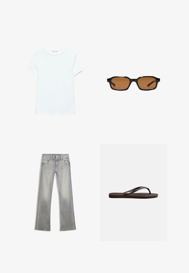 T-shirt blanc uni en coton à manches courtes, col rond, présenté à plat sur un fond blanc, sans motifs ni logos visibles.; Jeans flare en denim gris avec une finition délavée, dotés d'une fermeture à bouton, de cinq poches et de coutures le long de la taille et de l'ourlet.; Tongs marron en caoutchouc avec semelle texturée et fines lanières en forme de Y sur fond blanc uni.; Lunettes de soleil rectangulaires noires avec des montures épaisses et des verres teintés marron, vues de face sur un fond blanc.