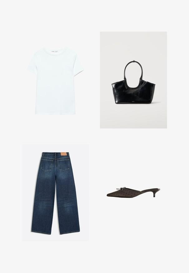 Tricou simplu alb cu mâneci scurte din bumbac, cu guler rotund, prezentat întins pe un fundal alb, fără modele sau logo-uri vizibile.; Blugi denim albastru închis, cu croială largă, cu două buzunare în spate și o etichetă de brand maro din piele la talie.; Mule negre cu vârf ascuțit și toc mic, cu o fundă și un model cu buline închise pe partea superioară din material textil.; Geantă de mână din piele neagră lucioasă, cu mâner oval mare și logo discret în față, pe un fundal simplu și luminos.