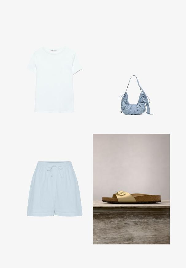 Effen wit katoenen T-shirt met korte mouwen en een ronde hals, plat gelegd op een witte achtergrond, zonder zichtbare patronen of logo's.; Lichtblauwe katoenen shorts met een relaxte pasvorm, elastische tailleband en verstelbaar trekkoord. Beschikt over een zachte, gestructureerde stof en zijnaad.; Gouden synthetische slipper met een enkele band en een gespaccent, met een bruine kurken voetbed en een gestructureerde rubberen zool.; Lichtblauwe zachte stoffen schoudertas met geplooid ontwerp, verstelbare riem en klein rond logo aan één zijde tegen een witte achtergrond.