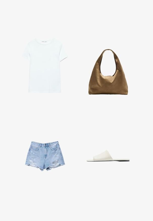 Schlichtes weißes Baumwoll-T-Shirt mit kurzen Ärmeln und Rundhalsausschnitt, flach auf weißem Hintergrund dargestellt, ohne sichtbare Muster oder Logos.; Helle blaue Jeansshorts mit fransigen Säumen und distressierten Details, ausgestattet mit Fronttaschen und einem Knopfverschluss.; Weiße Slidesandale mit einem breiten Riemen und flacher Sohle, seitlich auf weißem Hintergrund gezeigt.; Braune Stoffschultertasche mit einem breiten, runden Körper und einem großen Ausschnittgriff. Sanfte Textur, minimalistisches Design und keine sichtbaren Beschläge.