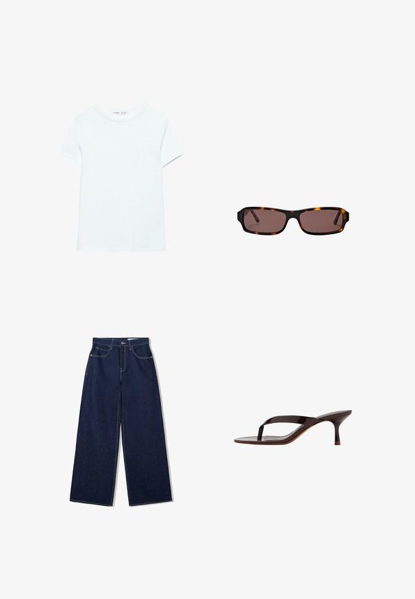 Ensfarvet hvid kortærmet bomuldst-shirt med rund hals, vist fladt på hvid baggrund, uden synlige mønstre eller logoer.; Bredde ben mørke denim jeans med et klassisk fem-lomme design. Har kontrastfarvet hvide syninger og et højt taljeelastik.; Sort laklæder sandal med tårem og en slank mellemhøj kittenhæl, vist fra siden på en hvid baggrund.; Rektangulære skildpaddemønstrede solbriller med mørkebrune linser og slanke arme, vist mod en hvid baggrund.