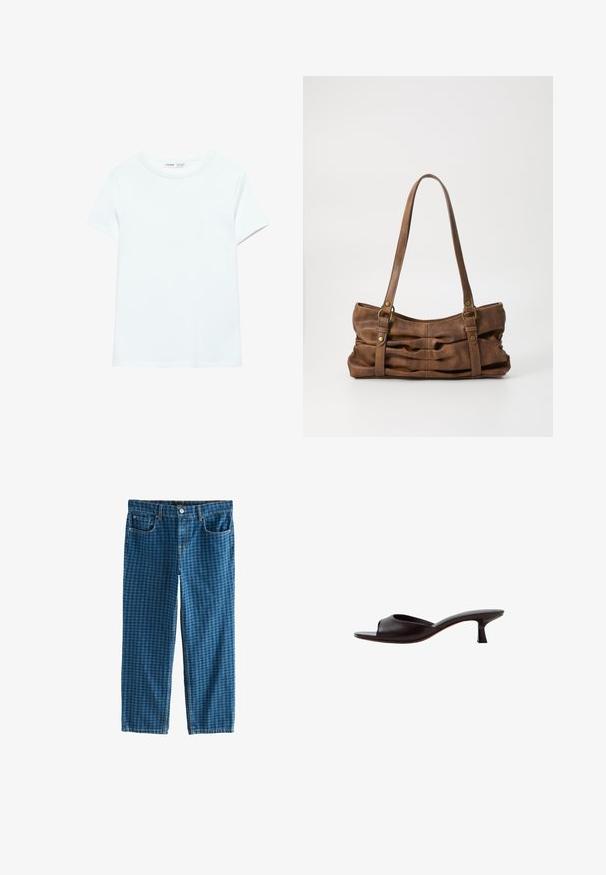 Effen wit katoenen T-shirt met korte mouwen en een ronde hals, plat gelegd op een witte achtergrond, zonder zichtbare patronen of logo's.; Blauwe spijkerbroek van denim met een geruit patroon. Heeft vijf zakken, een rits en een standaard riemlus tailleband. Ruime pasvorm, rechte pijpen.; Zwarte muil met open teen, lage gebogen hak en een glad leren bovenzijde tegen een witte achtergrond.; Even&Odd by Zalando Handtas - brown