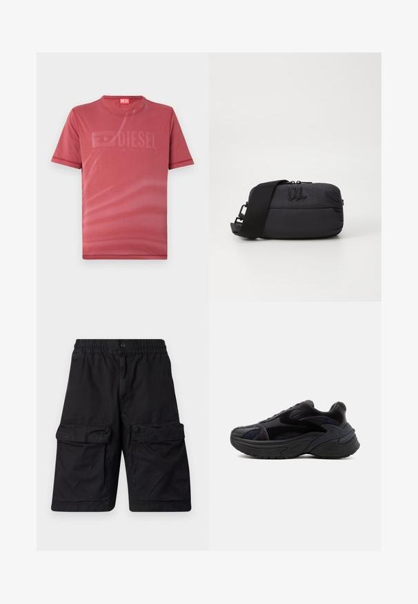 Rød kortærmet T-shirt lavet af glat stof med en subtil, prægede "DIESEL" logo på forsiden. Rund halsudskæring og syede kanter.; Sorte shorts lavet af slidstærkt stof med elastisk talje, to store cargo-lommer på hver side og syet detaljering.; Sort chunky sneaker med tyk sål, ruskind og mesh paneler og teksturerede designdetaljer på siden og tåen.; Sort nylon crossbody taske med en glat tekstur, lynlåslukning, justerbar rem og præget logo-detalje på fronten.