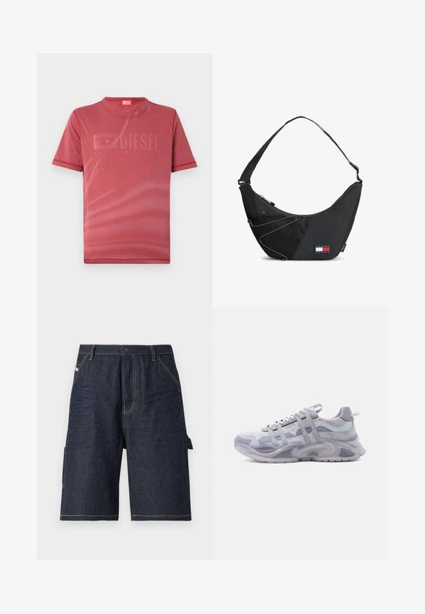 Rotes T-Shirt mit kurzen Ärmeln aus glattem Material, das vorne ein dezentes, geprägtes "DIESEL"-Logo zeigt. Rundhalsausschnitt und genähte Säume.; Dunkelblaue Denim-Shorts mit geradem Schnitt, fünf Taschen, gelben Nähdetails und einer seitlichen Tasche für zusätzliche Funktionalität.; Grauer und weißer sportlicher Sneaker mit dicker Sohle, Obermaterial aus Mesh und synthetischem Material, Schnürverschluss und markantem Designdetail an der Seite.; Schwarze Umhängetasche mit verstellbarem Riemen, vorderer Netzfach mit Kordelzug und Tommy Jeans Logo an der unteren Vorderseite.
