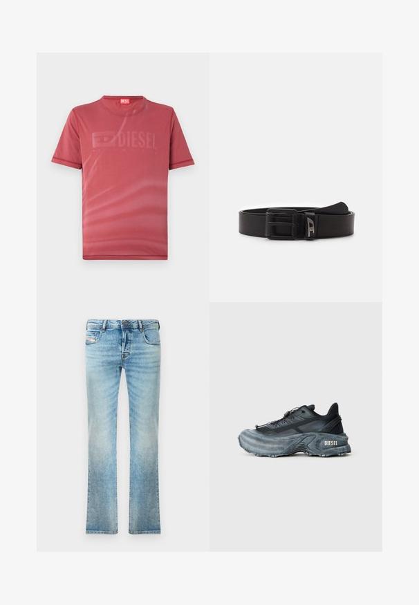 Rotes T-Shirt mit kurzen Ärmeln aus glattem Material, das vorne ein dezentes, geprägtes "DIESEL"-Logo zeigt. Rundhalsausschnitt und genähte Säume.; Helleblaue Denim-Jeans mit geradem Schnitt, Fünf-Taschen-Design und leichter Ausbleichung. Mit metallischem Knopf und Reißverschlussverschluss.; Schwarz- und graue Diesel-Sneaker mit dicker Sohle, Schnürverschluss und strukturiertem Design auf einem schlichten hellgrauen Hintergrund.; Diesel DAVE - Gürtel - t8013