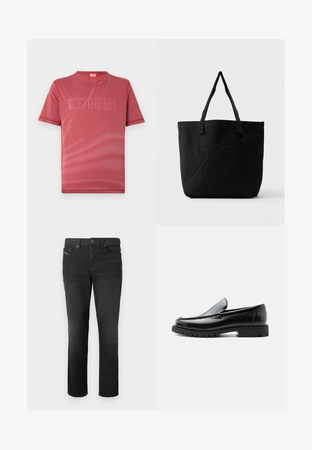 Rotes T-Shirt mit kurzen Ärmeln aus glattem Material, das vorne ein dezentes, geprägtes "DIESEL"-Logo zeigt. Rundhalsausschnitt und genähte Säume.; Schwarze Denim-Jeans mit geradem Bein, ausgestattet mit fünf Taschen, einem Knopfverschluss und subtilen Nähdetails auf der Vorderseite.; Schwarzer Lederloafer mit grober Gummisohle, genähter Oberseite und geprägtem Markennamen an der Ferse, seitlich auf weißem Hintergrund gezeigt.; Schwarze Canvas-Shopper-Tasche mit zwei Schulterriemen und einem dezenten, eingeprägten kreisförmigen Design auf der Vorderseite.