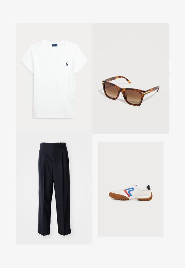 Valge lühikeste varrukatega V-kaelusega T-särk väikese tumel sinise Polo Ralph Laureni logoga vasakul rinnal.; Tumed, kõrge vöökohtaga püksid, mis on valmistatud siledast kangast. Omab volditud disaini ja volditud sääri, mis annavad vormikohase välimuse.; Valge toss pruunide talladega, siniste ja punaste triipude ning sõnaga "Polo" küljel ning tumedat sinist värvi kannaosaga.; Kilpkonna kujulised päikeseprillid ruudukujuliste raamidega, pruunide gradiendläätstega, kuldse tooniga kaunistustega sangadel ning siledalt viimistletud plastikust.