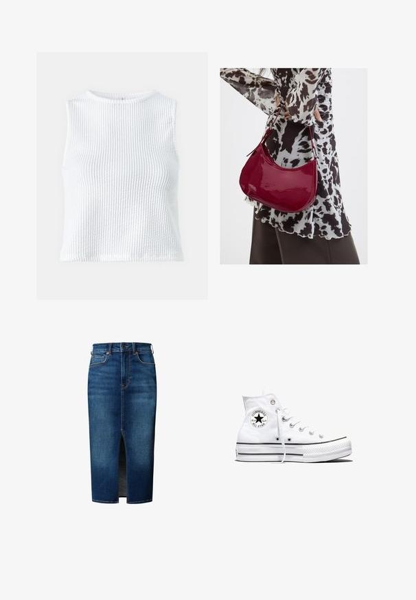Top blanco sin mangas con un tejido texturizado y acanalado. Presenta un escote redondo y un diseño ajustado, con una silueta limpia y minimalista.; Falda midi de mezclilla azul oscuro con abertura frontal, cierre de botones, trabillas para cinturón y bolsillos delanteros.; Zapatilla blanca de caña alta Converse Chuck Taylor All Star con parche de logo negro y cordones blancos, presentada sobre fondo blanco.; Mujer con blusa de estampado en blanco y negro sosteniendo un bolso de hombro rojo brillante sobre un fondo liso.