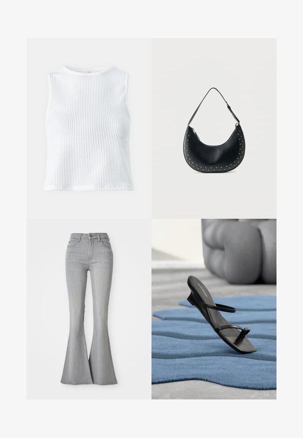Hvid ærmeløs top med et struktureret, ribbet stof. Har en rund halsudskæring og en tætsiddende pasform, med en ren og minimalistisk silhuet.; Højtaljede lysegrå denim jeans med flared ben, frontknap, lynlås og for- samt baglommer.; Sort sandal med remme og tå-loop vist på et blåt tekstureret tæppe, med en stor grå dekorativ genstand sløret i baggrunden.; Sort skuldertaske i læder med halvmåneform, sølvnitter langs kanterne og en justerbar rem på en hvid baggrund.