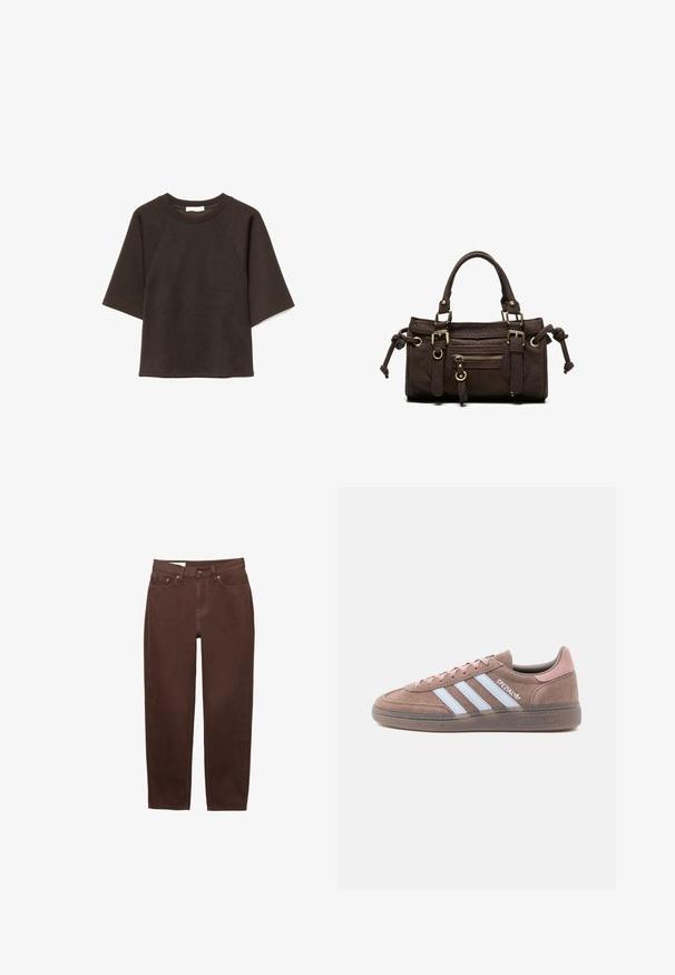Sweat-shirt noir à manches courtes avec encolure ronde et coupe décontractée, présenté à plat sur un fond blanc.; Jean marron à jambe droite avec bouton frontal, fermeture éclair et design à cinq poches sur fond blanc.; Baskets en daim marron avec des accents rose clair, comprenant trois bandes blanches, une semelle texturée et un design à bout rond.; Sac à main en cuir marron foncé avec double poignée, poche avant zippée, boucles décoratives et nœuds latéraux sur fond blanc.