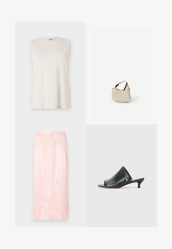 Top sans manches en tissu beige clair, avec un col rond et une coupe décontractée. Texture lisse sans embellissements ni motifs.; Jupe midi plissée en rose doux, avec une texture lisse et une taille élastique. Conçue avec des plis verticaux pour un aspect fluide.; Mules ouverts en cuir noir avec un talon bas. Présentent une surface lisse et un accent logo doré sur le côté.; Sac à main en cuir beige en forme de croissant avec une seule bandoulière et des coutures minimalistes, posé sur un fond blanc uni.