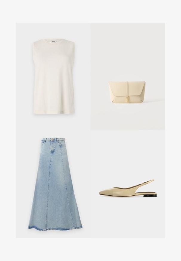 Top sans manches en tissu beige clair, avec un col rond et une coupe décontractée. Texture lisse sans embellissements ni motifs.; Jupe en denim bleu clair avec une forme évasée en A, dotée d'une fermeture à boutons sur le devant, de passants de ceinture et de détails de couture visibles.; Chaussure plate beige à bout pointu avec bride arrière, petit talon noir et finition en cuir lisse, vue de côté sur un fond uni.; Pochette en cuir beige avec rabat avant et fermeture par sangle verticale, sur un fond clair uni.
