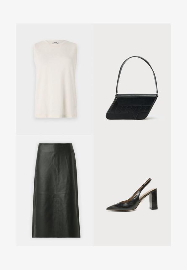 Top sans manches en tissu beige clair, avec un col rond et une coupe décontractée. Texture lisse sans embellissements ni motifs.; Jupe midi en cuir noir avec une coupe droite. Texture lisse, coutures minimales et taille ajustée. Pas de poches visibles ni de détails supplémentaires.; Chaussure slingback en cuir noir à bout pointu avec un talon bloc haut et une doublure intérieure beige sur un fond clair uni.; Sac d'épaule en cuir noir de forme triangulaire, avec un logo embossé et une seule bandoulière réglable. Design minimaliste avec une texture lisse.