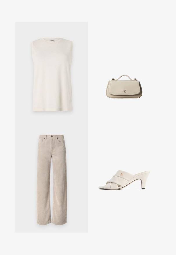 Mouwloos topje van lichtbeige stof, met een ronde halslijn en een comfortabele pasvorm. Soepele textuur zonder versieringen of patronen.; Beige corduroy wijde broek met verticale strepen, voorzien van een knoopsluiting en voorkruiden. Zacht, gestructureerd materiaal met een relaxte pasvorm.; Beige hoge hakken mules met een gedraaide lederen band, open teen en een reliëf logo-accent. De hak heeft een zwarte puntdetail.; Kleine beige leren handtas met bovenhandvat en zilveren CK-logo op de voorflap, getoond tegen een witte achtergrond.