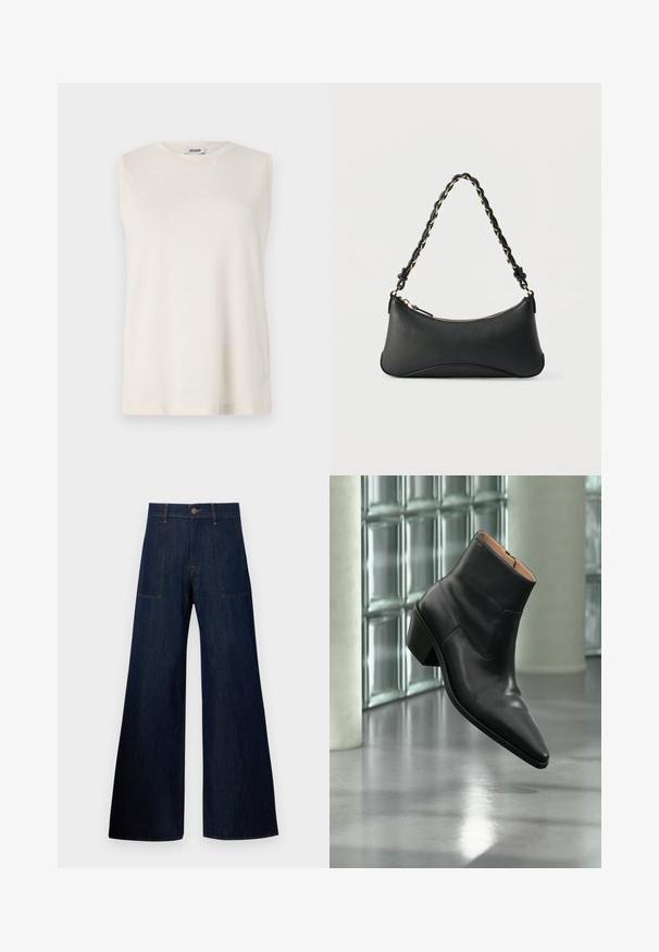 Ærmeløs top i lys beige stof med rund halsudskæring og en afslappet pasform. Glat tekstur uden dekorationer eller mønstre.; Mørkeblå vidde jeans lavet af denim, med to forlommer, synlige sømme og en knaplukning i taljen.; Sort læderankelstøvle med spids tå og blokhæl, der svæver over en reflekterende grå gulv nær en væg af glasblokke.; Sort skuldertaske i læder med en buet rektangulær form, gyldent kæde vævet ind i en flettet sort rem og toplynlås.