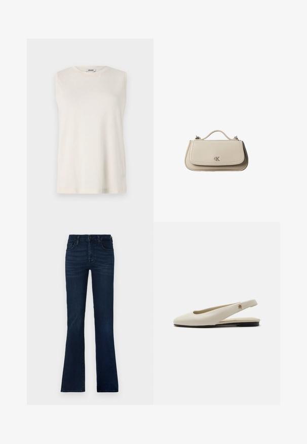 Ærmeløs top i lys beige stof med rund halsudskæring og en afslappet pasform. Glat tekstur uden dekorationer eller mønstre.; Mørkeblå udvidede jeans lavet af denim. Har fem lommer, en knaplukning og subtile falmninger langs lårene.; Flatsko i cremefarvet læder med rundet tå og lille guldemblem på remmen.; Lille beige læderhåndtaske med top håndtag og sølv CK-logo på frontklap, vist mod en hvid baggrund.