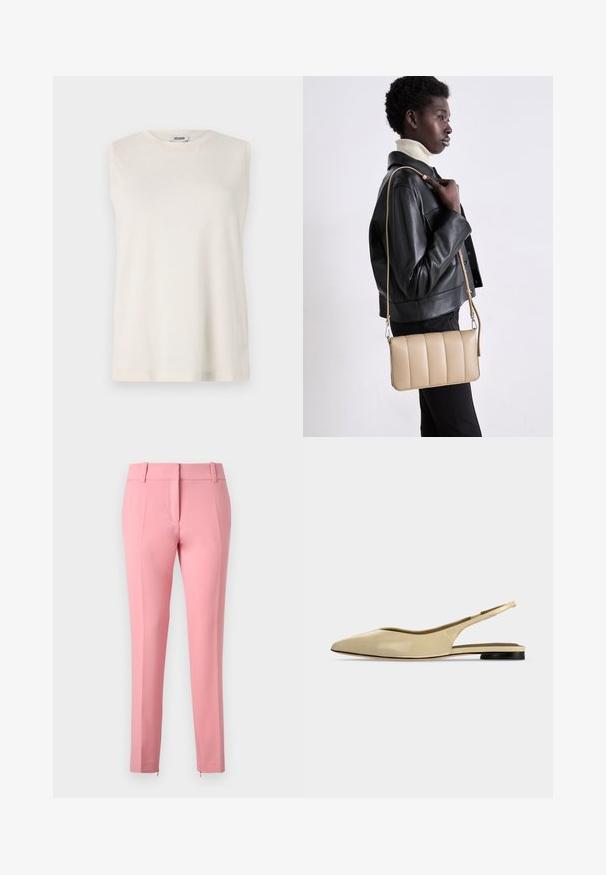 Top sans manches en tissu beige clair, avec un col rond et une coupe décontractée. Texture lisse sans embellissements ni motifs.; Pantalons ajustés roses avec une texture lisse, jambes droites et un détail zippé en bas. Comprend des passants de ceinture et un design à l'avant plat.; Chaussure plate beige à bout pointu avec bride arrière, petit talon noir et finition en cuir lisse, vue de côté sur un fond uni.; Sac en cuir beige en bandoulière avec un design matelassé, de forme rectangulaire, avec une fine sangle et des détails en métal argenté, porté par une personne en veste noire.