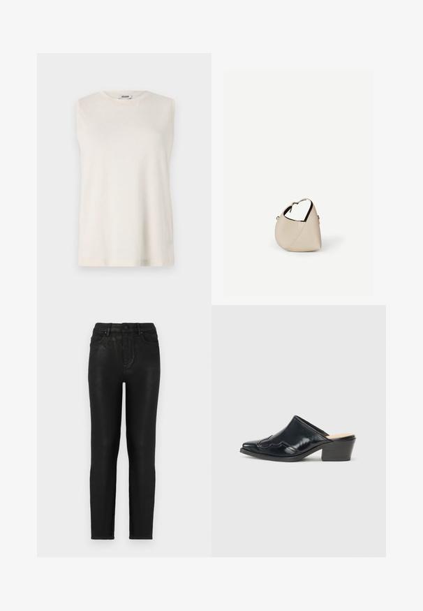 Ærmeløs top i lys beige stof med rund halsudskæring og en afslappet pasform. Glat tekstur uden dekorationer eller mønstre.; Sorte denim jeans med slim fit, der har høj talje, klassisk fem-lomme design og en subtil glans-struktur. Standard frontknaplukning.; Sorte patenterede lædermuler med spids tå, en buet design og en lav blokhæl, der har dekorativ syning langs overdelen.; Beige læder håndtaske i halvmåneform med en enkelt skulderrem og minimal syning, sat mod en ensartet hvid baggrund.