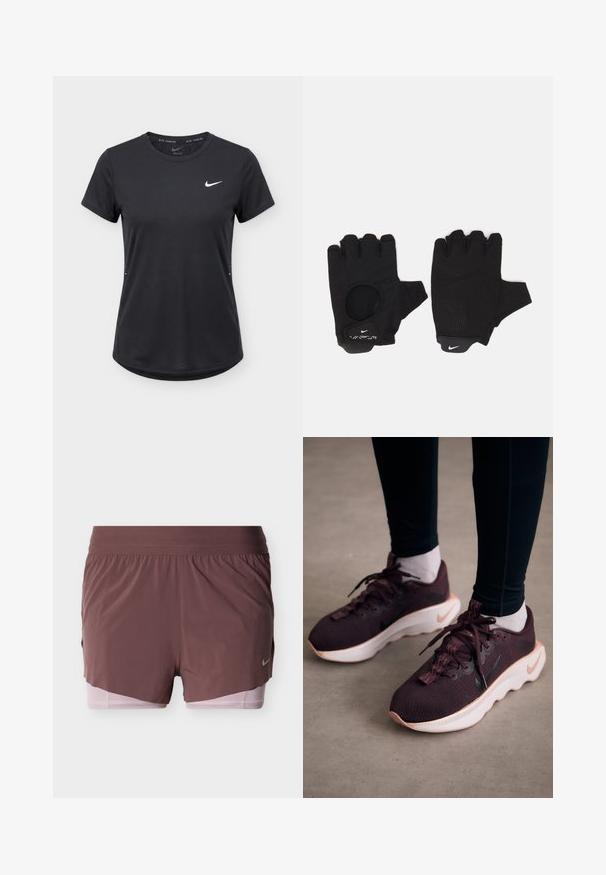 Must lühikeste varrukatega Nike jooksusärk valge Swoosh logo ja rinnal, ümar kaelus ja veidi kaardus servaga.; Lühikesed püksid sügavas mauve-toonis, mis on kerge disainiga, lai vöökohaga ja roosa sisemise voodriga. Küljel on väike logo detail.; Tumesinis spordijalatsid tekstuurse kudumülemise, valge tallaga ja musta Nike logoga. Omavad ümarad paelad ja mustrilisi paelaauke.; Mustad sõrmeotsadeta mustad kindad, millel on tekstuuriga disain. Valmistatud hingavast materjalist, millel on suurendatud peopesa haarde tagamiseks ja sõrmeava.