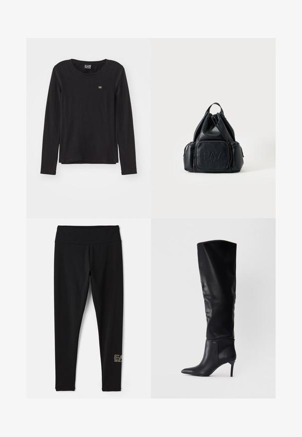 Zwarte langste sleeve top gemaakt van zacht materiaal. Heeft een ronde hals en een klein logo op de linkerborst. Soepele textuur, ontspannen pasvorm.; EA7 Emporio Armani Legging - black/gold-coloured; Zwarte leren over-de-knie laars met een spitse neus, naaldhak en een slank ontwerp met een logo-accent op de enkel.; Zwarte leren rugzak met trekkoord, met voor- en zijvakken met rits, met geperst "EA7 Emporio Armani" logo op het voorvak.