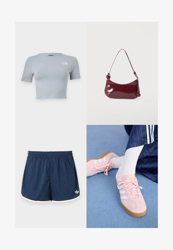 Lysegrå croppet T-shirt med korte ærmer, rund halsudskæring og hvidt "The North Face"-logo på venstre bryst.; Marineblå atletikshorts med elastisk linning, hvid kant, åndbart mesh-stof og Adidas-logo i nederste højre ben.; Lyserøde ruskinds sneakers med hvide striber og snørebånd, udstyret med en struktureret tunge og en gummisål, placeret på et blåt tæppe.; Lille skinnende mørkerød skuldertaske med en buet topkant og dekorative runde perler på remmenes ender.