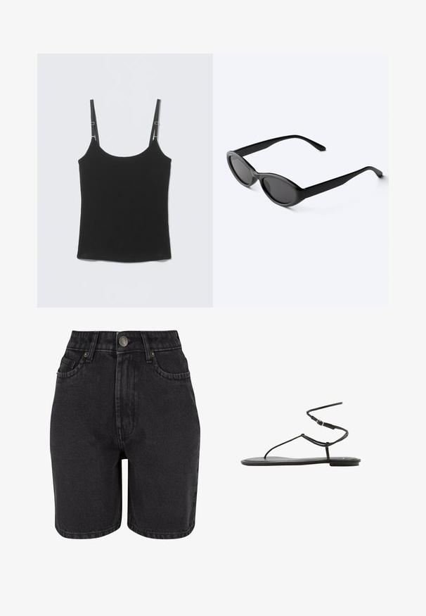 Schwarzes, geripptes Tanktop mit verstellbaren dünnen Schulterträgern und einem tiefen Rundhalsausschnitt, flach auf einer hellgrauen Oberfläche ausgelegt.; Schwarze Denim-Shorts mit hoher Taille, Fünf-Taschen-Design und Metallknopfverschluss. Der Stoff hat eine glatte Textur mit dezentem Verblassen.; Schwarze flache Sandale mit dünnen Riemen und Schnallenverschluss am Knöchel, minimalistisches Design, Seitenansicht auf weißem Hintergrund.; Schlanke schwarze ovale Sonnenbrille mit dunklen Gläsern und geraden Bügeln, liegend auf einer weißen Oberfläche.