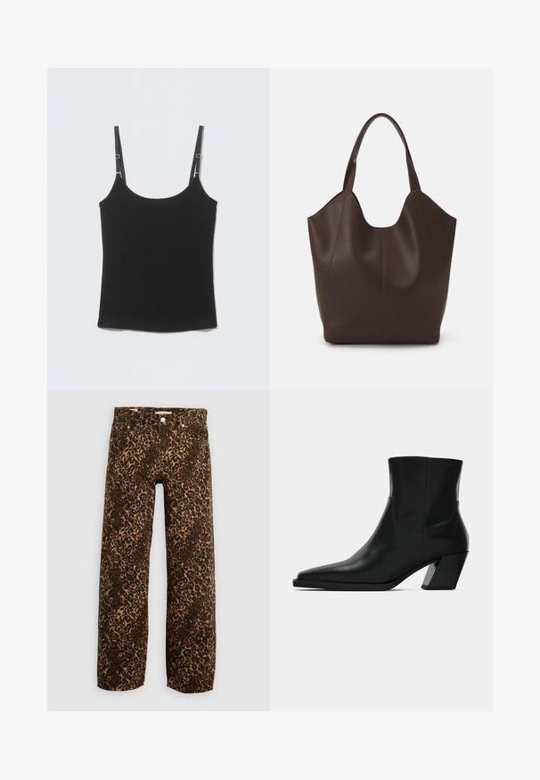 Schwarzes, geripptes Tanktop mit verstellbaren dünnen Schulterträgern und einem tiefen Rundhalsausschnitt, flach auf einer hellgrauen Oberfläche ausgelegt.; Leopardenmusterweite Beinhosen in Braun und Beige. Hergestellt aus Denim, mit einem klassischen Fünf-Taschen-Design und Metallbeschlägen.; Schwarze Leder-Stiefelette mit spitzem Zeh, schlanker Silhouette und klobigem quadratischem Absatz. Glatte Textur mit minimalen Nähdetails.; Braune Ledertasche mit glatter Textur, die eine einzigartige Form, eine breite Öffnung und zwei kurze Tragehenkel für das Tragen aufweist.