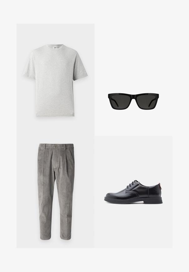 Camiseta gris de manga corta hecha de tela suave. Presenta un cuello redondo, un corte relajado y no tiene patrones ni logotipos. Textura suave en toda la prenda.; Pantalones de pana grises con un patrón de rayas verticales texturizadas, con cierre de botón y dos bolsillos laterales. Corte ajustado y largo cropped.; Zapatos de piel negra con cordones, textura lisa, puntera redondeada y detalles sutiles de costura. Cuentan con una lengüeta roja en el talón.; Gafas de sol negras con forma rectangular, montura de plástico brillante, lentes oscuras y diseño elegante de patillas, adecuadas para varios tipos de rostro.