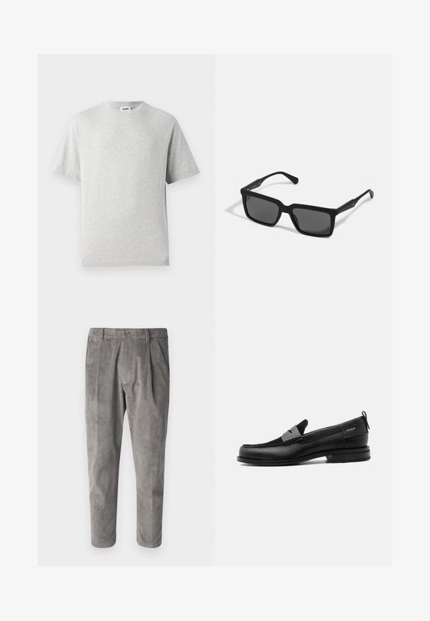 T-shirt gris à manches courtes en tissu doux. Il présente un col rond, une coupe décontractée, et ne comporte ni motifs ni logos. Texture lisse sur l'ensemble.; Pantalons en velours côtelé gris avec un motif de rayures verticales texturé, dotés d'une fermeture par bouton et de deux poches latérales. Coupe ajustée et longueur raccourcie.; Mocassin en cuir noir avec détail de bride grise, talon bas et semelle texturée, marqué "HUGO" en or sur le côté.; Lunettes de soleil noires avec des verres rectangulaires, finition mate, épaisses montures et branches fines comprenant un subtil détail de marque.