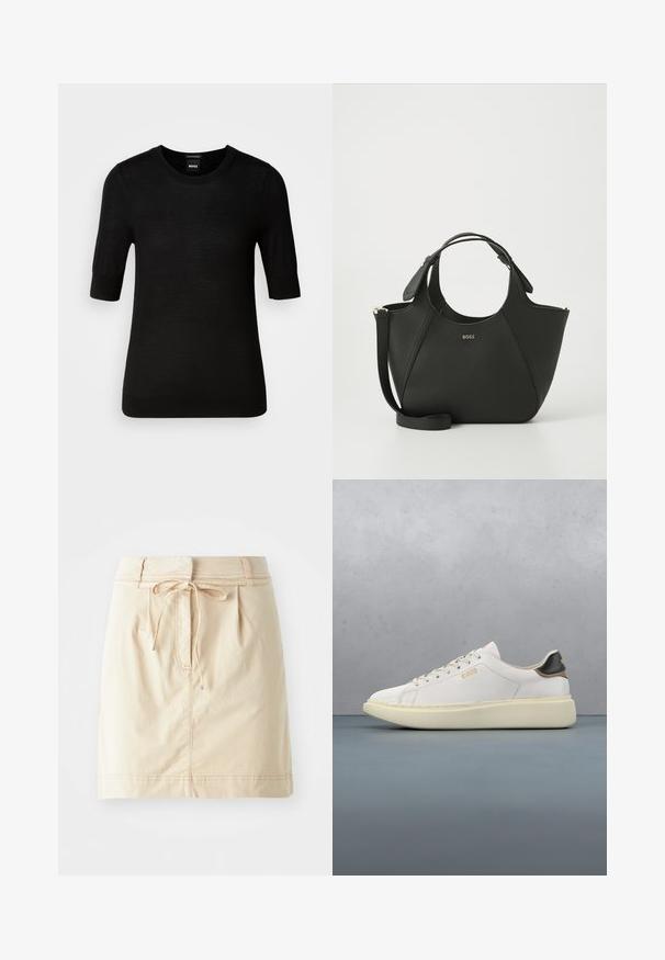 Pull noir à manches courtes en laine mérino fine. Encolure ronde, coupe ajustée, texture lisse, design minimal, sans motifs ni accents visibles.; Jupe kaki en tissu léger avec une taille ajustée, des détails de cordon de serrage, des plis et des coutures subtiles. Texture lisse.; Basket blanche avec un upper en cuir lisse, dotée d'une languette de talon en cuir beige et noir, de lacets ronds et d'une semelle en caoutchouc beige épaisse. Détail du logo doré.; Sac à main en cuir noir avec une surface texturée, un design courbé, des poignées doubles et une bandoulière amovible. Présente un logo de marque à l'avant.