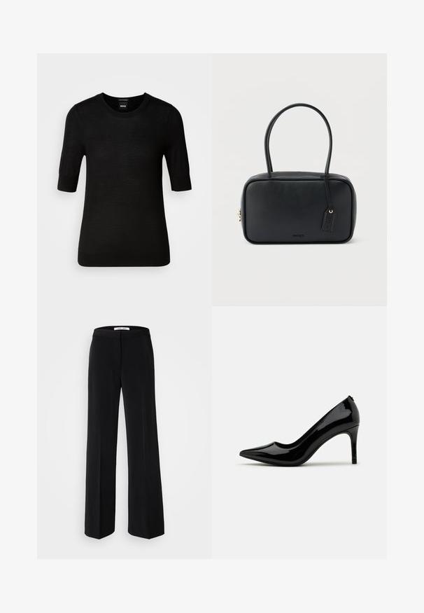 Pull noir à manches courtes en laine mérino fine. Encolure ronde, coupe ajustée, texture lisse, design minimal, sans motifs ni accents visibles.; Pantalon large noir avec une texture lisse, muni d'une taille ajustée et d'un design minimaliste. Pas de motifs ou d'accents visibles.; Pump à talon haut en cuir verni noir avec un bout pointu et une silhouette épurée, présentant une texture lisse et un design minimaliste.; Sac à main rectangulaire noir avec doubles poignées arrondies, fermeture éclair dorée et logo "HUGO" embossé sur le devant avec une étiquette en cuir attachée.