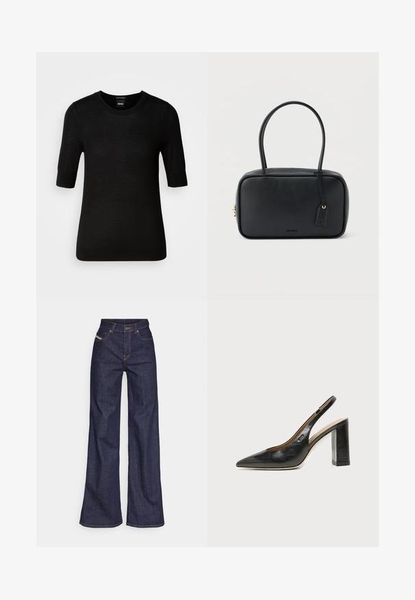 Pull noir à manches courtes en laine mérino fine. Encolure ronde, coupe ajustée, texture lisse, design minimal, sans motifs ni accents visibles.; Jeans ample bleu foncé en denim avec taille haute, ornés de surpiqûres orange, d'un design à cinq poches et d'une fermeture à bouton.; Chaussure slingback en cuir noir à bout pointu avec un talon bloc et un petit logo sur le côté, sur un fond blanc uni.; Sac à main rectangulaire noir avec doubles poignées arrondies, fermeture éclair dorée et logo "HUGO" embossé sur le devant avec une étiquette en cuir attachée.