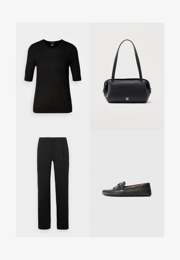 Pull noir à manches courtes en laine mérino fine. Encolure ronde, coupe ajustée, texture lisse, design minimal, sans motifs ni accents visibles.; Pantalon noir à jambes droites, doté d'une texture lisse, de plis à l'avant et d'une ceinture standard. Aucun motif ou accent notable.; Bateau en cuir noir avec un bout arrondi, des détails de couture, un petit accent en nœud et une semelle en caoutchouc. Texture lisse et design épuré.; Sac bandoulière rectangulaire en cuir noir avec longues bretelles et petit logo doré "HUGO" au centre devant.