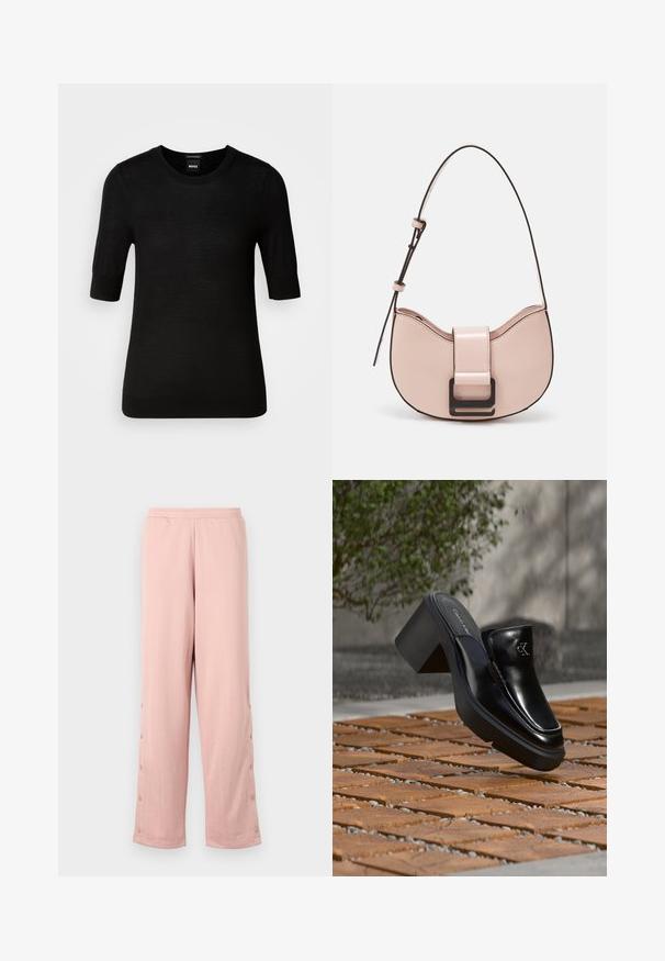 Pull noir à manches courtes en laine mérino fine. Encolure ronde, coupe ajustée, texture lisse, design minimal, sans motifs ni accents visibles.; Un pantalon large rose clair en tissu doux, avec un motif en relief subtil et des boutons décoratifs le long de la couture latérale.; Mule slip-on en cuir noir Calvin Klein avec talon bloc reposant sur des carreaux en bois à l'extérieur près d'une plante verte et d'un mur gris.; Petit sac à main en cuir rose, courbé et avec une finition brillante, doté d'une bandoulière noire et d'un grand fermoir noir. Design en bandoulière.