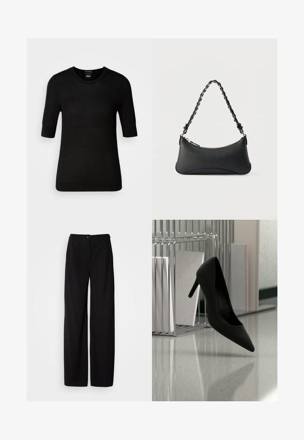 Pull noir à manches courtes en laine mérino fine. Encolure ronde, coupe ajustée, texture lisse, design minimal, sans motifs ni accents visibles.; Pantalons large en noir avec un tissu tissé lisse ; dotés d'une fermeture à bouton et d'un design plissé pour une silhouette structurée.; Chaussure noire à talons hauts équilibrée sur son talon sur un comptoir réfléchissant près de porte-dossiers métalliques avec des dossiers blancs.; Sac à bandoulière en cuir noir de forme rectangulaire incurvée, avec une chaîne dorée tissée dans la bandoulière noire tressée et une fermeture éclair sur le dessus.