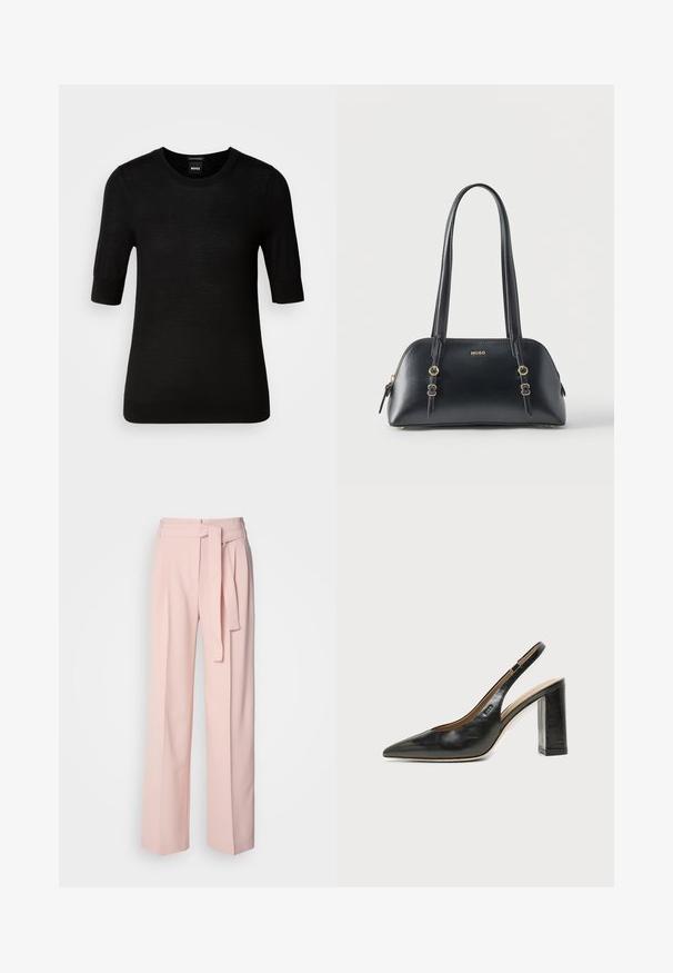 Suéter negro de manga corta hecho de fina lana merina. Cuello redondo, corte ajustado, textura suave, diseño minimalista, sin patrones o acentos visibles.; Pantalones de pierna ancha de color rosa claro, confeccionados en una tela suave, con cintura con cinturón y bolsillos laterales, diseñados para un ajuste relajado.; Zapato slingback de piel negra con puntera puntiaguda, tacón alto y ancho, y forro interior beige sobre un fondo claro y liso.; Bolso de mano de cuero negro con detalles dorados, doble asa y logo "HUGO" en la parte frontal, sobre un fondo blanco liso.