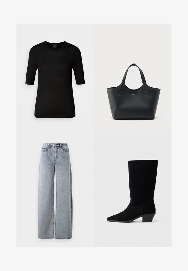 Schwarzer Kurzarmpullover aus feiner Merinowolle. Rundhalsausschnitt, slim fit, glatte Textur, minimalistisches Design, keine sichtbaren Muster oder Akzente.; Hellblaue Denim-Weitbeinjeans mit hohem Bund, ausgestattet mit Eingrifftaschen, Gürtelschlaufen und kontrastierenden Nähten.; Schwarze Wildleder Stiefelette mit spitzer Zehe, mittelhohem Schaft und einem chunky Absatz. Verfügt über minimale Nähte und eine glatte Textur.; Schwarze Leder-Shopper-Tasche mit strukturierter Oberfläche, zwei Griffen und kleinem goldfarbenem "BOSS"-Logo mittig auf der Vorderseite.