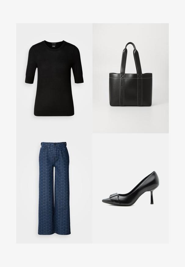 Lyhyet hihat, musta villapaita, joka on valmistettu hienosta merinovillasta. Pyöreä pääntie, slim fit -malli, sileä rakenne, minimalistinen muotoilu, ei näkyviä kuvioita tai yksityiskohtia.; Leveled denim-housut, joissa on toistuva tummansininen ja vaaleansininen DKNY-logo-kuvio, etutaskut ja nappikiinnitys.; Mustasta nahasta valmistettu korkokenkä, jossa on terävä kärki ja koristeellinen solki edessä, esitetty sivulta valkoisella taustalla.; Mustan nahkaisen olkalaukun, jossa on kaksi kantohihnaa, erottuvilla valkoisilla ompelemilla ja kohokirjoitettu "HUGO"-brändäys pystysuorilla hihnoilla.