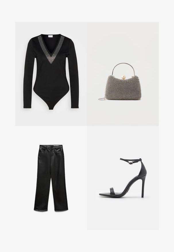 VILA VIVOLLY BODYSTOCKING - Pikkade varrukatega topp - black; Mustad kunstnahast laiade säärtega püksid esitaskutega, vööaasadega ja õrnalt läikiva pinnaga. Sile tekstuur ja kohandatud sobivus.; Mustad kõrge kontsaga sandaalid avatud varbaga, õhukeste rihmadega ja pahkluukinnitusega. Sile nahk tekstuur ja terav varvades disain.; Väike käekott hõbedase võrgumustriga, kõver käepide, suur pärlikinnitus ja õhuke hõbedane kettsahtel lihtsal taustal.