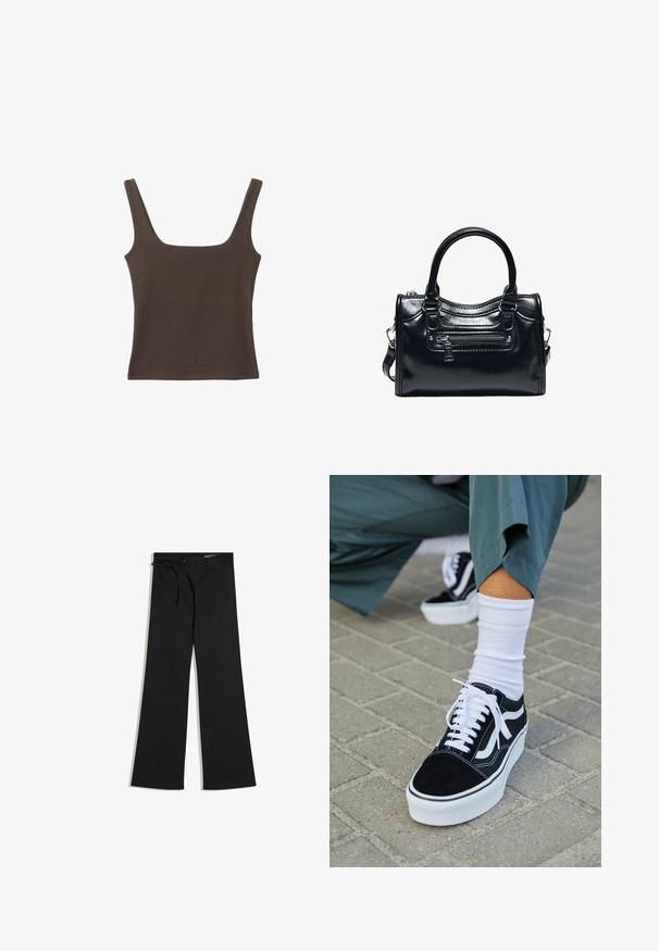 Haut sans manches marron avec un décolleté carré, fabriqué à partir d'un tissu doux et extensible. Présente un design ajusté et des coutures plates.; Pantalon large noir à texture côtelée avec un détail à lacets à la taille, présenté sur un fond blanc.; Baskets en suède noir avec des accents et des lacets blancs, présentant une épaisse semelle blanche et des coutures contrastantes, associées à une chaussette blanche.; Sac à main en cuir noir brillant avec deux poignées, poche avant zippée et bandoulière amovible sur fond blanc.