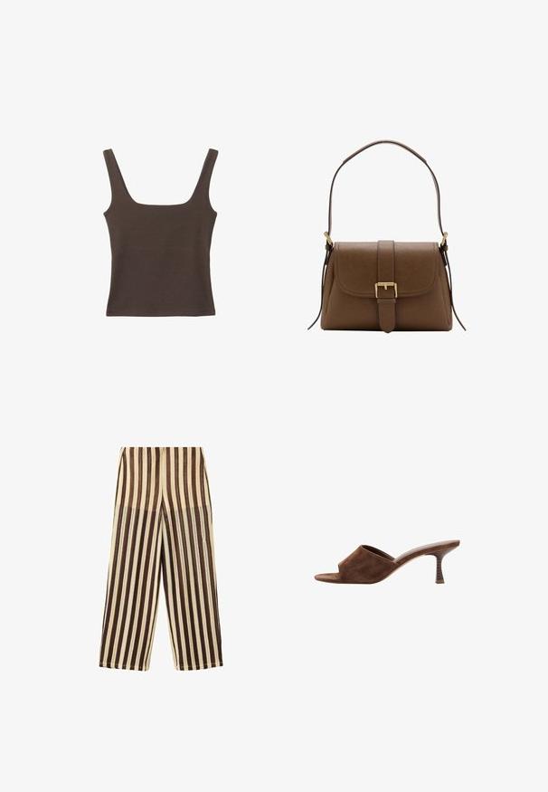 Haut sans manches marron avec un décolleté carré, fabriqué à partir d'un tissu doux et extensible. Présente un design ajusté et des coutures plates.; Pantalon à jambes larges avec des rayures verticales dans différentes nuances de marron et beige, en tissu texturé.; Mule en daim marron à bout ouvert, talon en bois incurvé de hauteur moyenne et design à enfiler sur fond blanc.; Sac à bandoulière en cuir marron avec rabat avant et boucle dorée, disposant d'une bandoulière réglable avec ferrures dorées sur fond blanc.