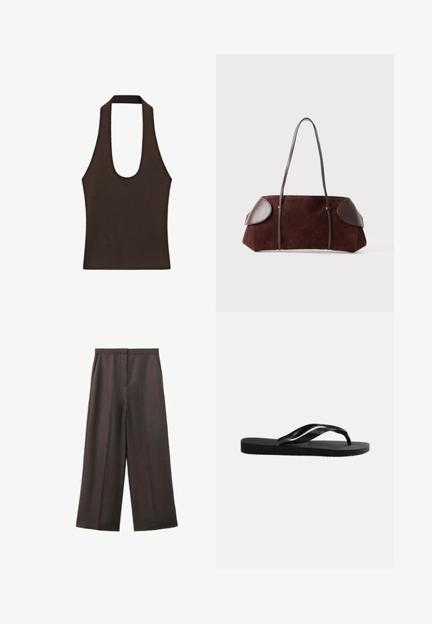 Haut sans manches marron foncé avec larges bretelles et décolleté profond en forme de goutte, en tissu côtelé tricoté.; Pantalon large marron foncé avec poches latérales et fermeture avant dissimulée, présenté sur fond blanc.; Tongs en caoutchouc noir avec semelle texturée et bride en Y lisse sur un fond clair uni.; Sac en daim marron avec des accents en cuir, forme structurée, double poignées, bords arrondis, présentant une texture lisse et un matériel minimal.