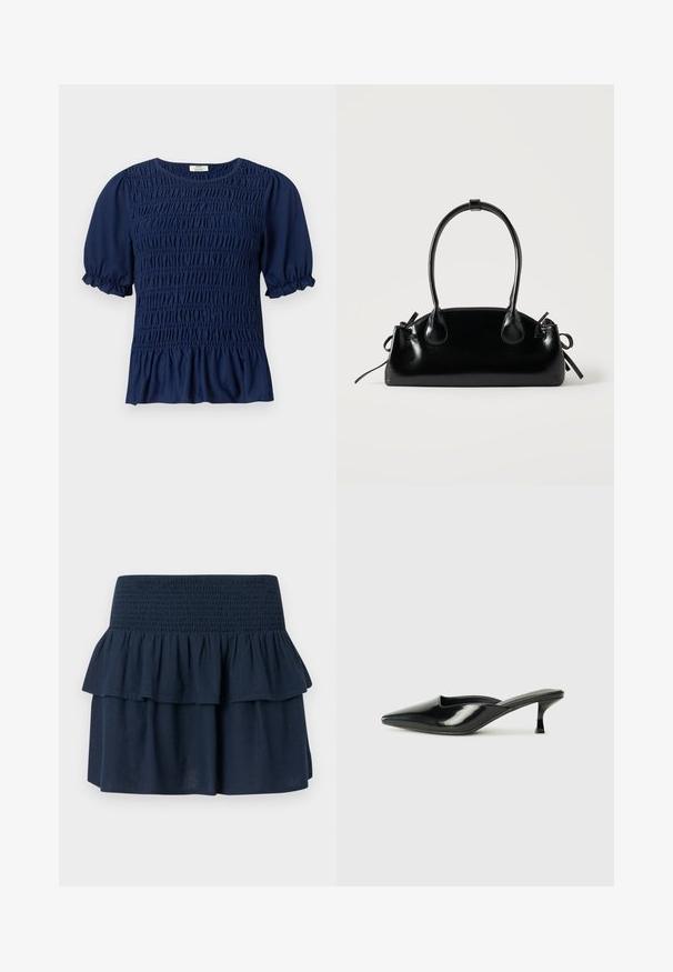 Blouse bleu marine à manches courtes avec fronces à l'avant et manches bouffantes terminées par des volants élastiques.; Mini-jupe bleu marine avec large ceinture smockée et détail de volants superposés sur le dessus.; Mules en cuir verni noir avec un bout pointu, un petit talon et des côtés courbés, présentant une finition brillante et un design minimaliste.; Petit sac à main noir brillant avec deux longues anses et des détails à cordon sur les côtés sur un fond clair uni.